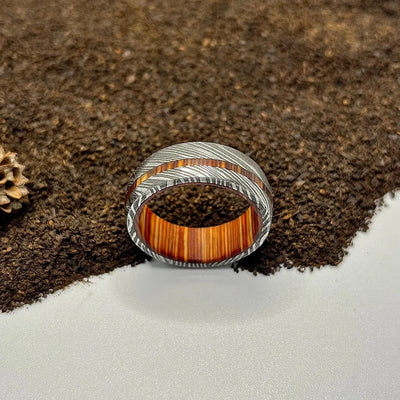 Damascus Steel Ring Lined with Wood Sleeve - RustyStudioUSA