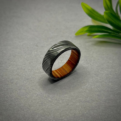 Whisky Barrel Wood Mens Wedding Ring, Damascus steel wedding band, Damascus Steel and wood Ring, Steel and Wood Ring, Damascus mens ring - RustyStudioUSA