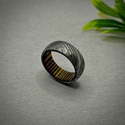 Wine barrel wood and damascus steel ring, wooden ring for him, damascus and wood ring for men, wine barrel ring for men, damascus wide ring - RustyStudioUSA
