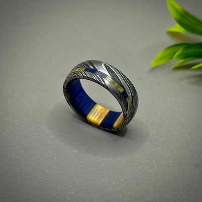 Damascus Steel Ring With Wood Inlay, Damascus Steel and Walnut Burl Ring, Mens Wedding Band, Mens Wood Ring, Wood Wedding Ring, Wooden Ring - RustyStudioUSA