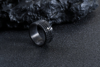 Handcrafted Jet Black Damascus Steel Gear-Inspired Ring – Unique Men’s Wedding Band with Rugged Industrial Design - RustyStudioUSA